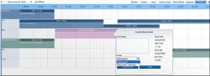 Web2Cal Ajax events calendar workshift view